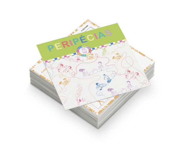 Pilha de livros da Coleção Peripécias. A capa é branca com o título em letras coloridas e ilustrações de linhas finas mostrando crianças brincando.