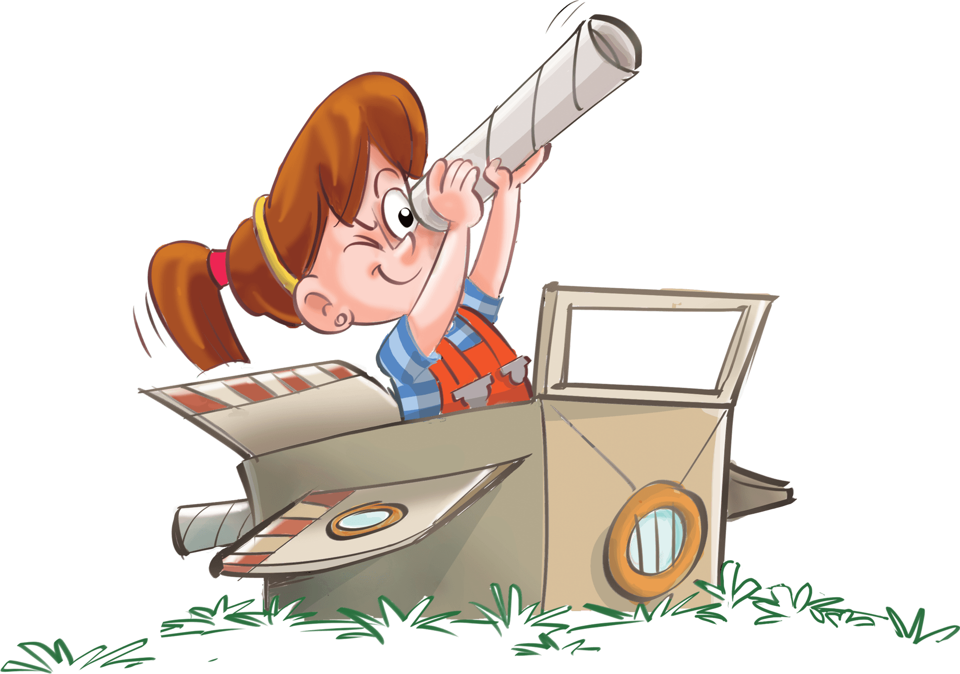 Ilustração de uma menina sorridente dentro de uma caixa de papelão decorada como avião, olhando através de um tubo de papel como se fosse uma luneta.