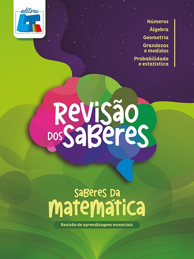 Capa verde com fundo roxo do livro Revisão dos Saberes: Saberes da Matemática. A arte central exibe um cérebro colorido, enquanto a lista de conteúdos no topo abrange números, álgebra, geometria, grandezas e estatística.
