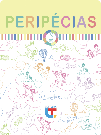 Capa ilustrada do livro Peripécias com fundo amarelo e branco, preenchido por desenhos de linhas finas coloridas de crianças e balões.