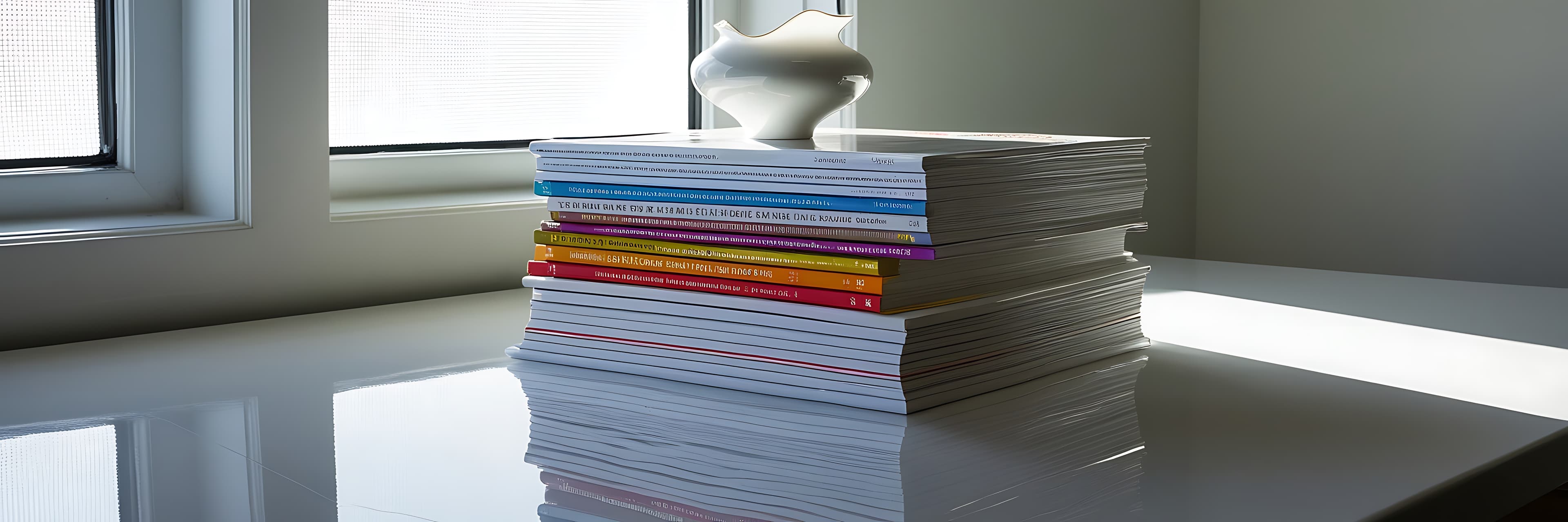 Pilha organizada de revistas e um vaso decorativo sobre uma mesa branca.