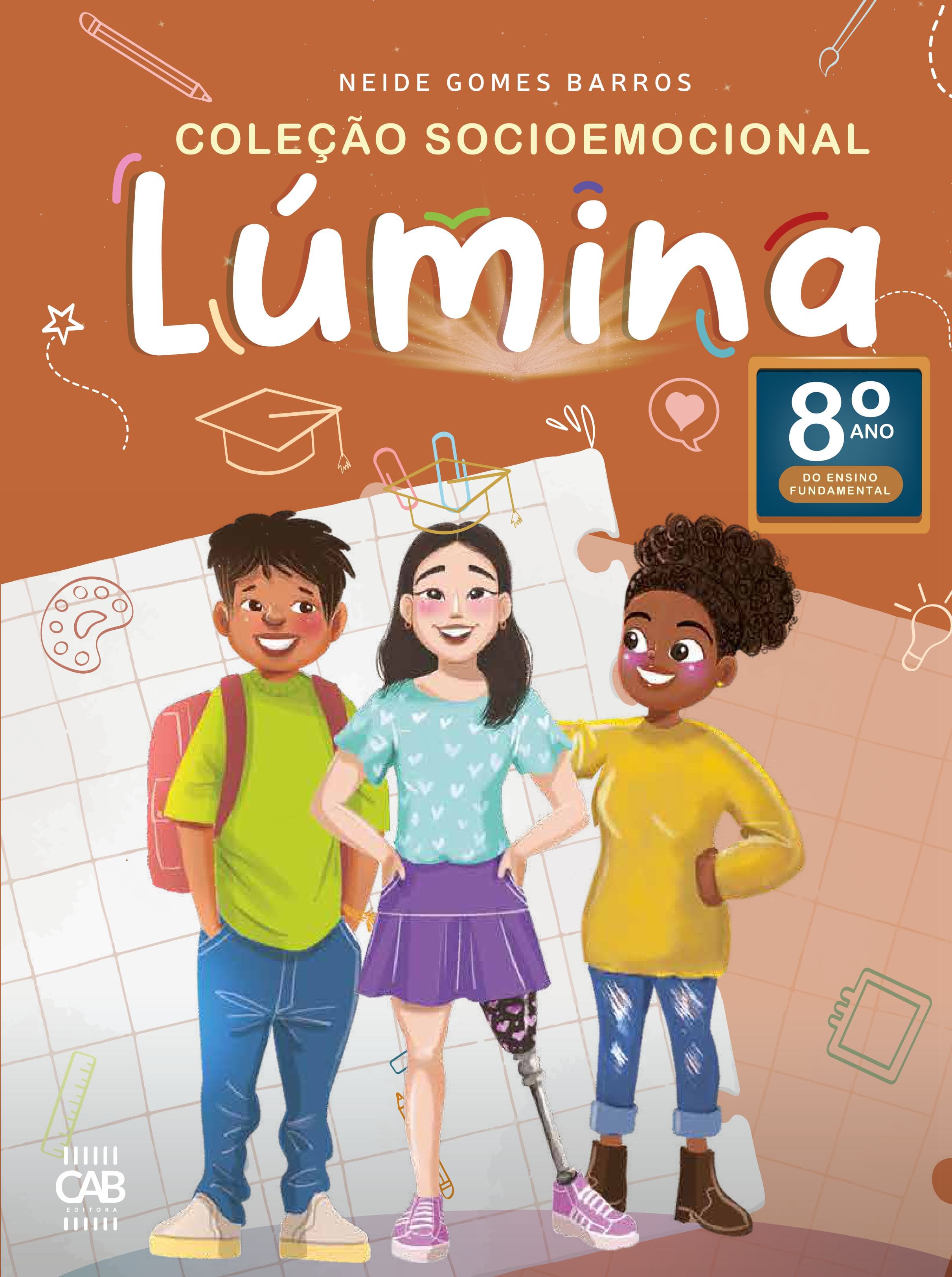 Capa Lúmina 8º Ano: três jovens abraçados sorrindo