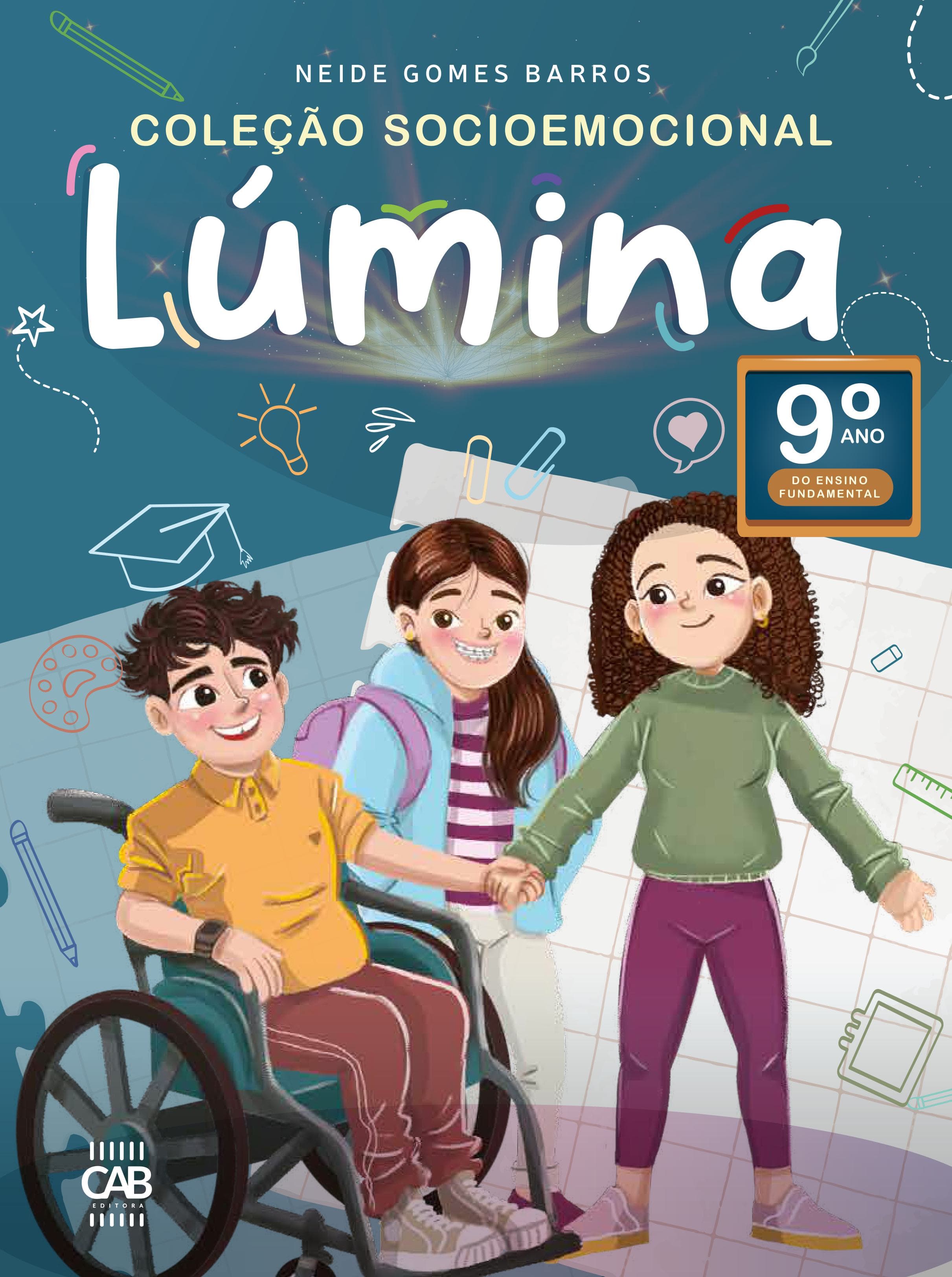 Capa Lúmina 9º Ano: três jovens amigos sorrindo e de mãos dadas.