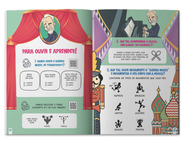 Páginas de livro didático musical sobre Tchaikovsky com atividades de escuta e movimento. As ilustrações coloridas mostram o compositor, um soldado Quebra-Nozes e cúpulas russas.
