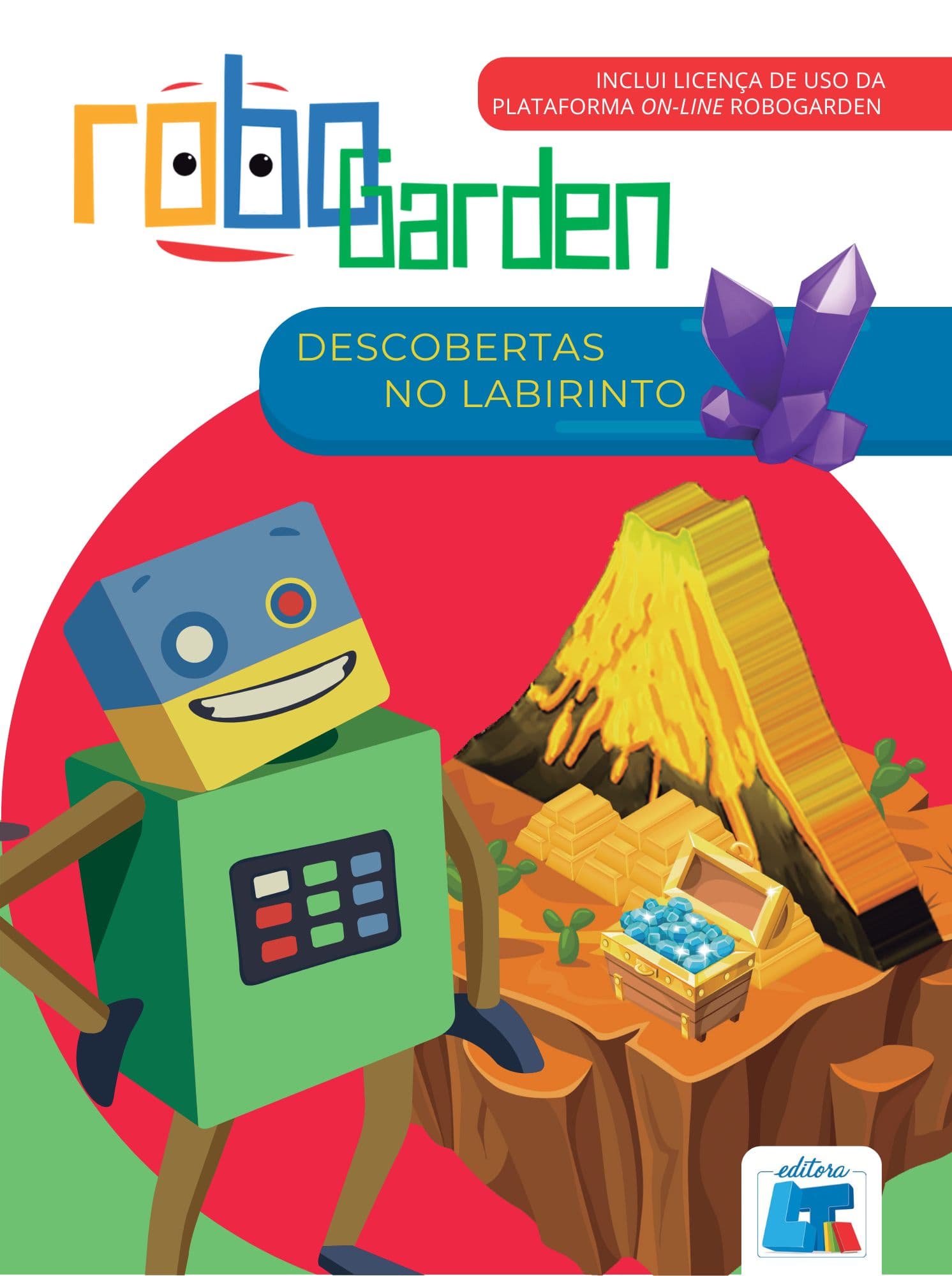 Descobertas no Labirinto: robô ao lado de um vulcão e um baú de tesouros.