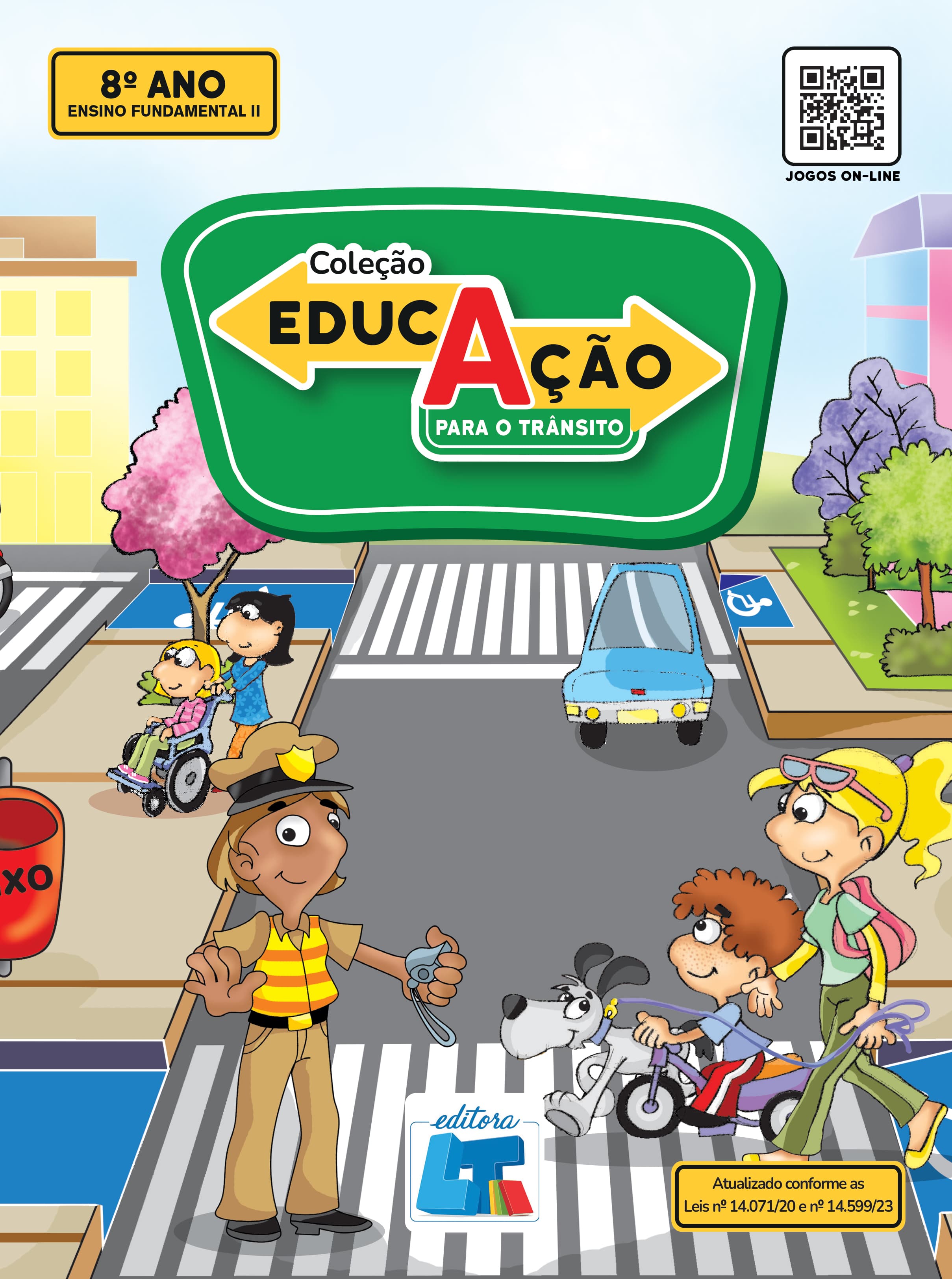 Capa Educação para o Trânsito 8º Ano: guarda de trânsito orientando a travessia de um menino andando de bicicleta e uma menina com seu cachorro