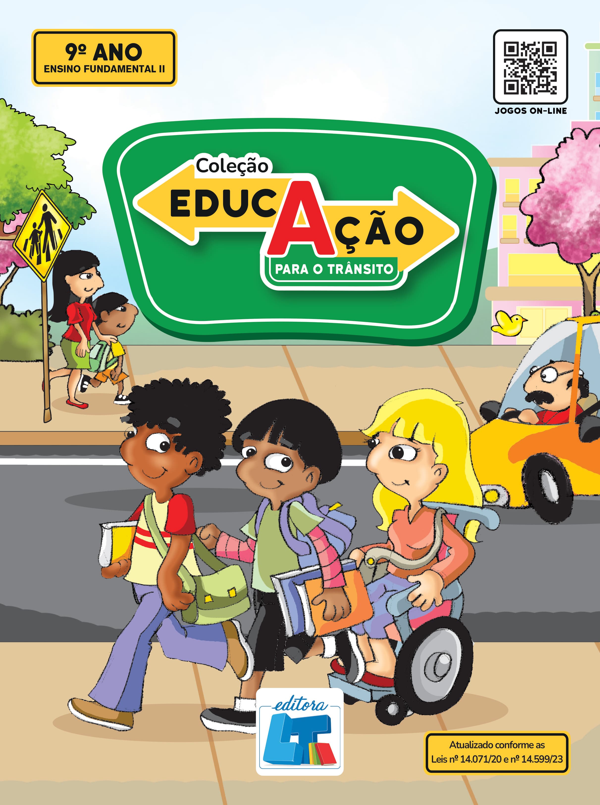 Capa Educação para o Trânsito 9º Ano: três estudantes com livros caminhando na calçada.