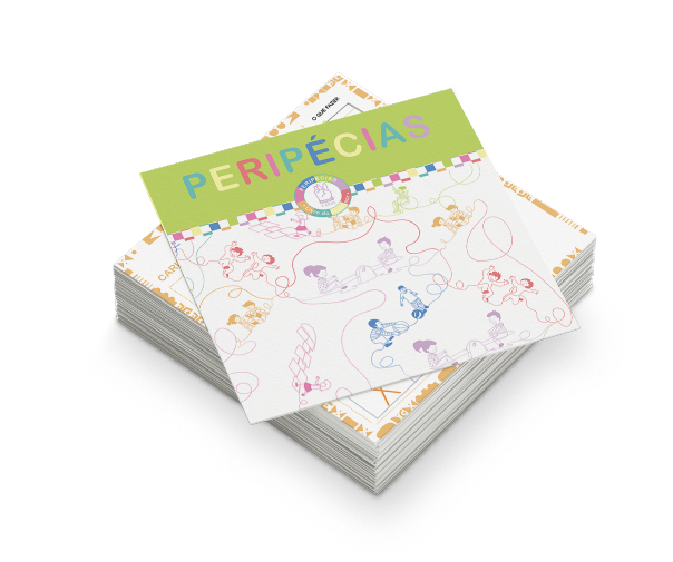 Pilha de livros da Coleção Peripécias. A capa é branca com o título em letras coloridas e ilustrações de linhas finas mostrando crianças brincando.
