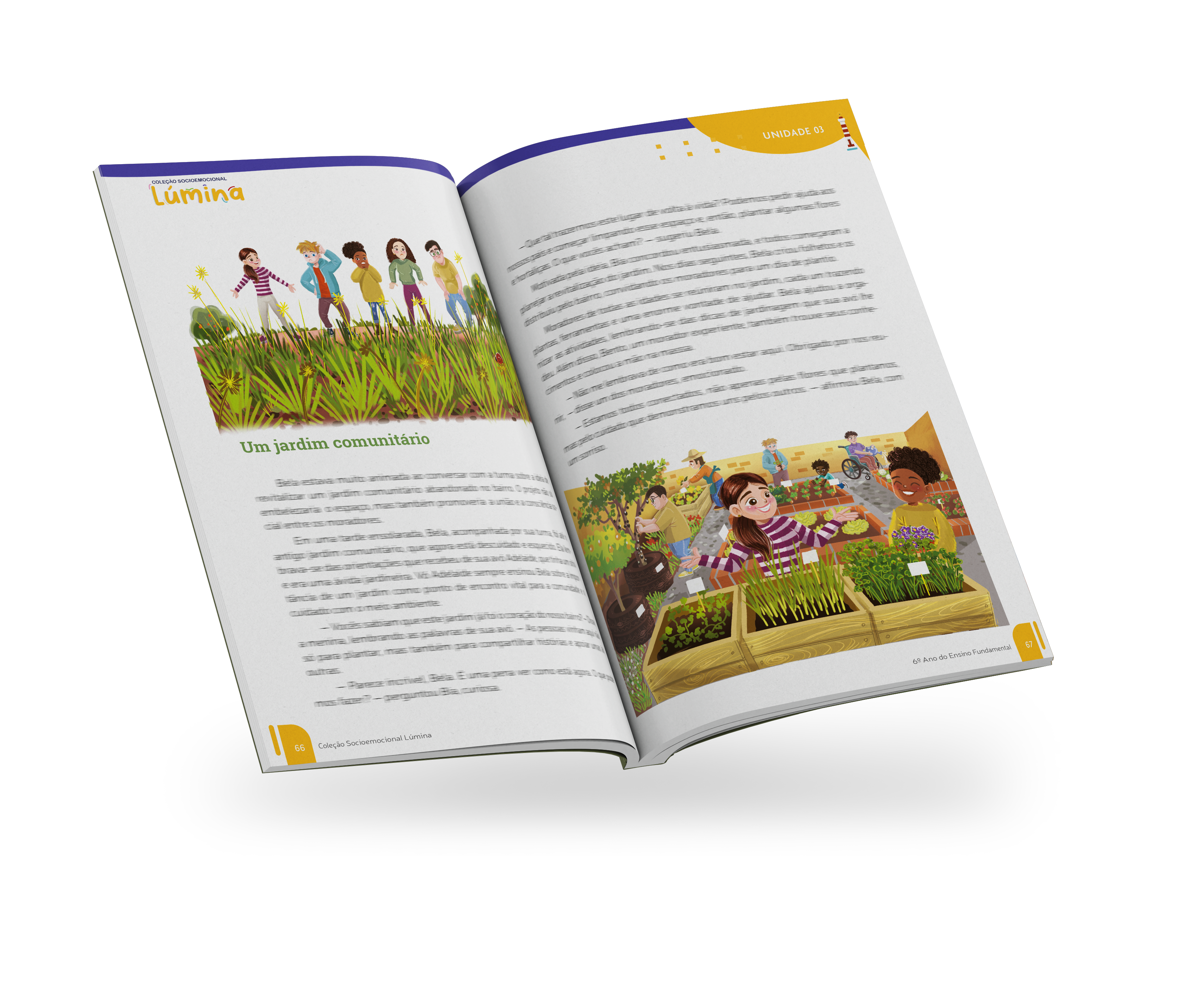 Coleção Lúmina: livro aberto exibindo ilustrações de crianças cultivando um jardim.